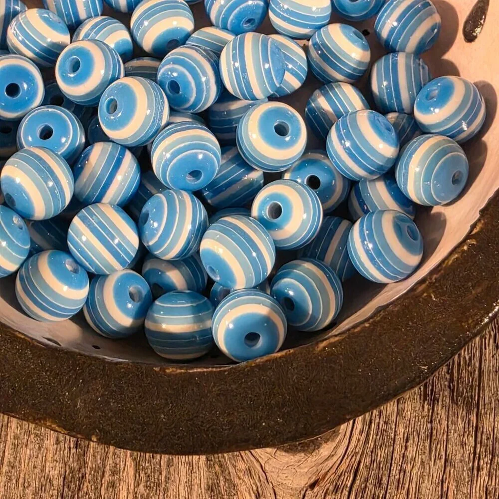 Vintage 70s Lucite Acrylic Striped 12mm Round Blue White Beads 10 pcs